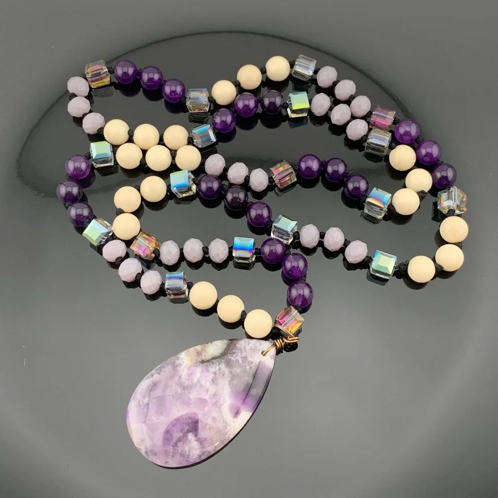 Amethyst Stone Teardrop Stone & Glass Beads Long Necklace Boho J890 - Picture 1 of 10